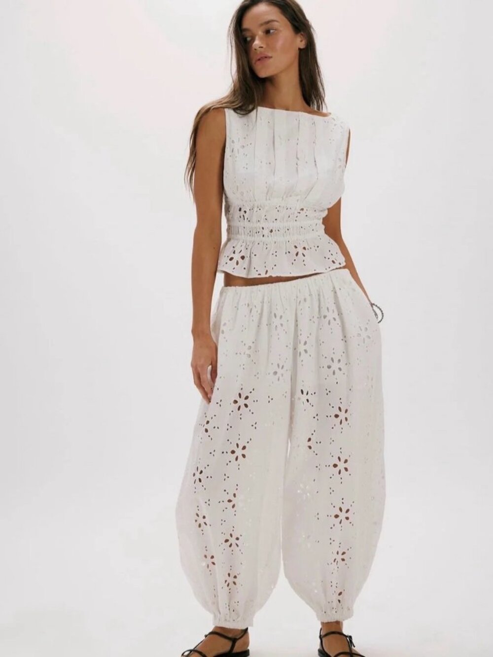 Free People White Eyelet Smocked Waist Jumpsuit